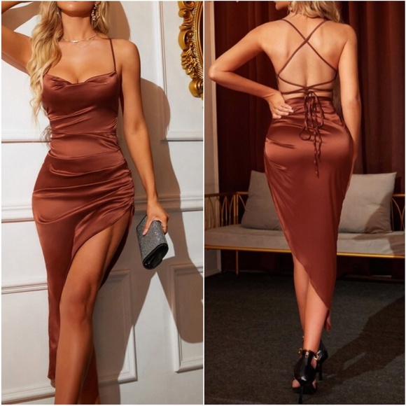 Bellanblue Dresses & Skirts - Rust Brown Lace up open Back Cami Slit Midi Dress Party Holiday